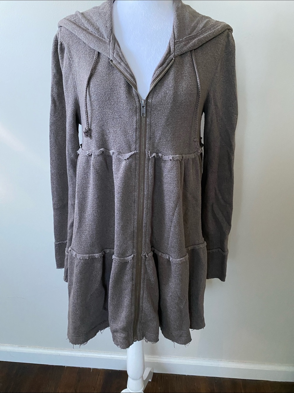 Free People Tiered Zip Hoodie Jacket in Gray Distressed seams abs Hem
